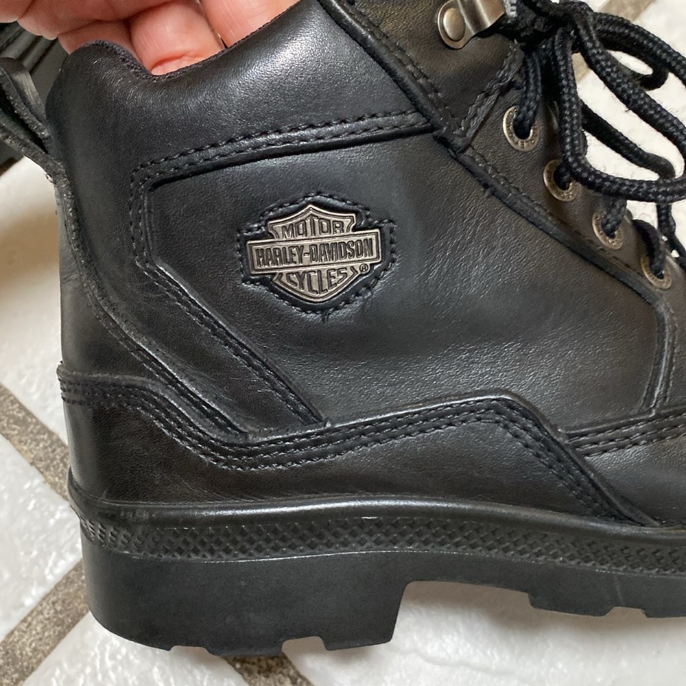 Harley-Davidson Black Leather Ankle Boots Lace-Up Durable, side sipper. - Picture 6 of 12